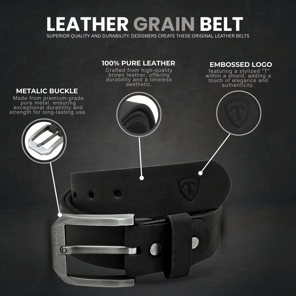 Black leather belt with metallic buckle on a dark background, featuring text about its qualities.
