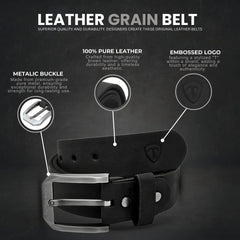 Black leather belt with metallic buckle on a dark background, featuring text about its qualities.
