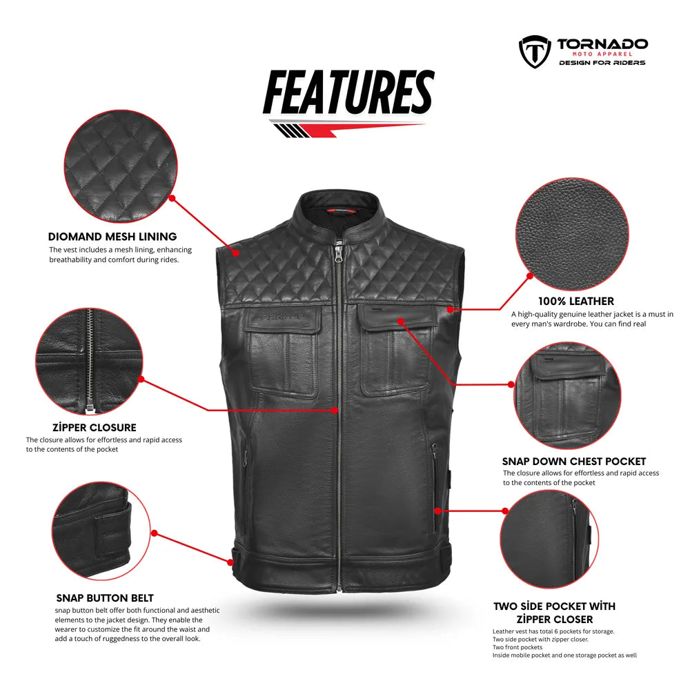 Black leather vest with features highlighted on a white background, featuring the Tornado brand.