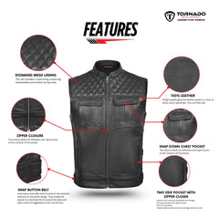 Black leather vest with features highlighted on a white background, featuring the Tornado brand.