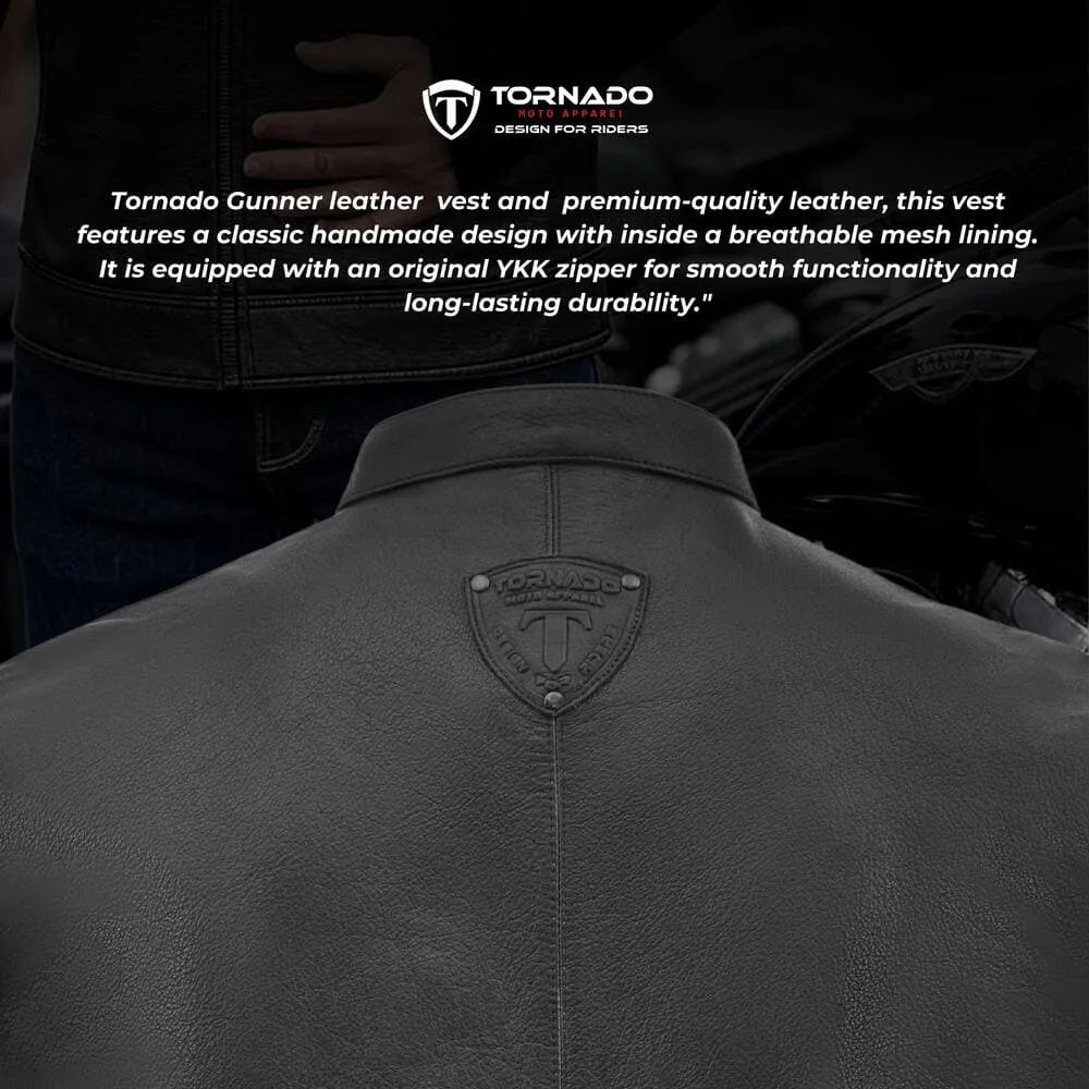 Black leather vest with Tornado branding and text about the product's features.