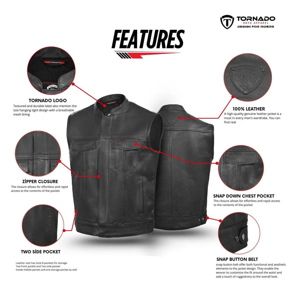 Black leather vest with features highlighted on a white background, branded 'Tornado'.