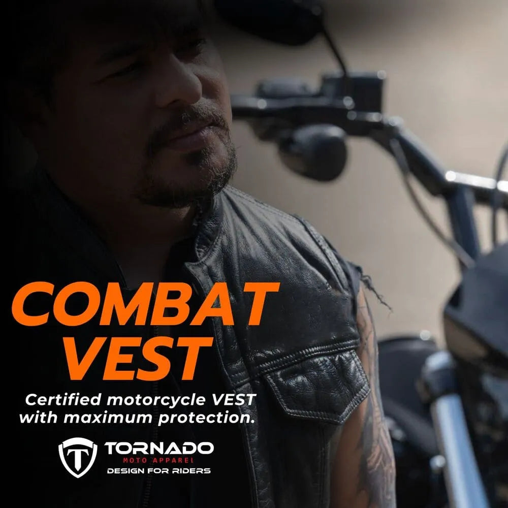 Man wearing a 'Combat Vest' with Tornado Moto Apparel branding, standing next to a motorcycle.