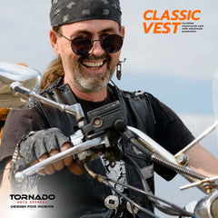 Man wearing Tornado leather biker vest while riding a motorcycle. Featuring the stylish red interior and premium leather design, perfect for serious riders
