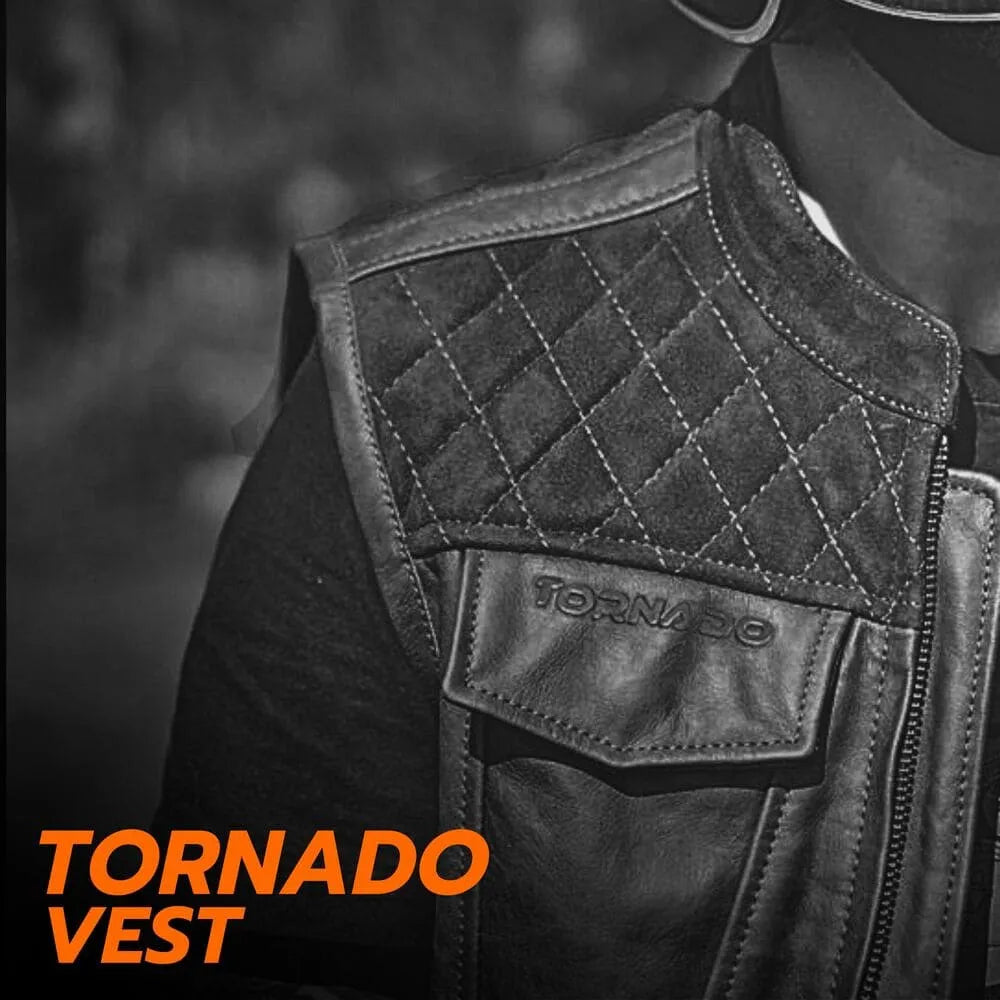 Man wearing Tornado leather biker vest with quilted shoulders, showcasing a stylish and durable motorcycle vest for riders. Perfect for maximum protection and comfort