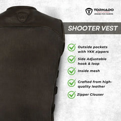 Black leather shooter vest with Tornado brand logo and feature list on a white background