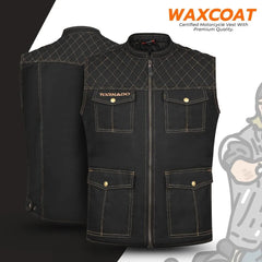 Black wax coat motorcycle vest with 'Tornado' branding on a dark background, featuring Waxcoat logo.