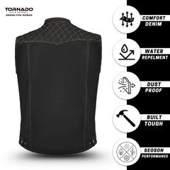 Black denim vest with Tornado logo and feature icons on a white background