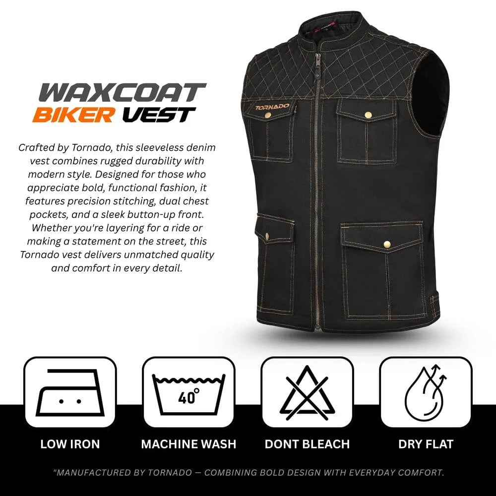 Black biker vest with text and icons on a white background