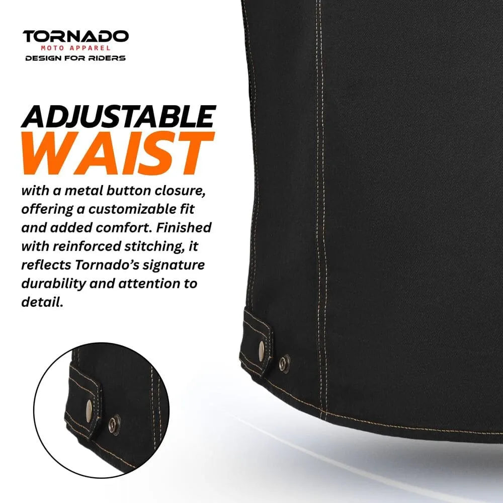 Black jacket with adjustable waist feature, Tornado brand visible