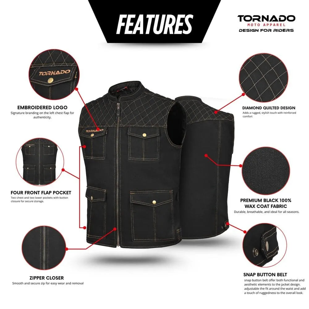 Black vest with features highlighted on a white background, branded as Tornado Moto Apparel.