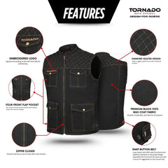 Black vest with features highlighted on a white background, branded as Tornado Moto Apparel.