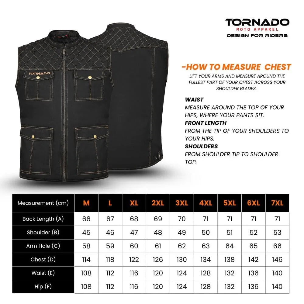 Black motorcycle vest with measurement chart for Tornado Moto Apparel on a white background