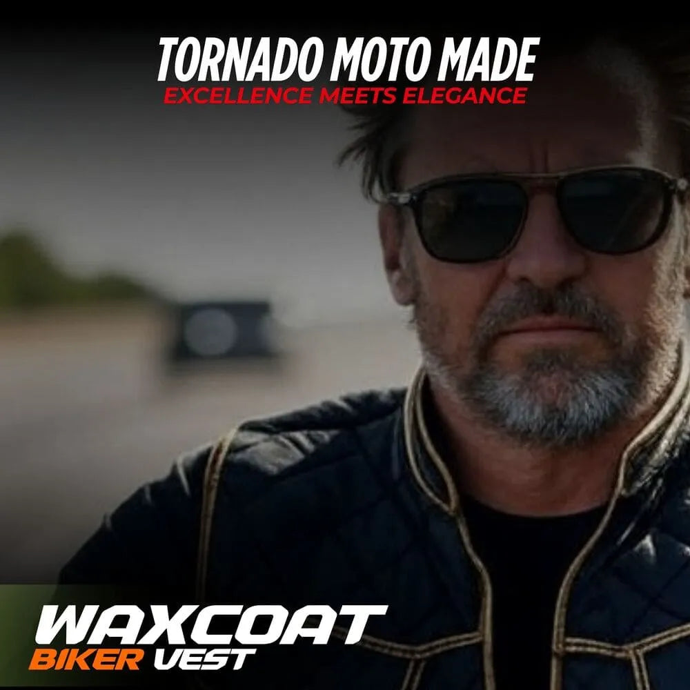 Man wearing a wax coat with 'Tornado Moto Made' branding and text overlay.