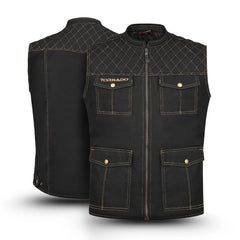 Black vest with quilted back design and 'Tornado' branding on a white background
