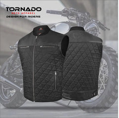 Black quilted motorcycle vest with Tornado Moto Apparel branding, displayed against a blurred motorcycle background.