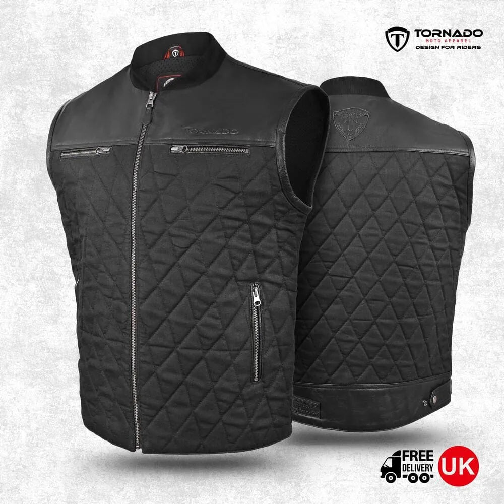 Black quilted vest with diamond pattern on a light gray background, featuring Tornado brand logo.