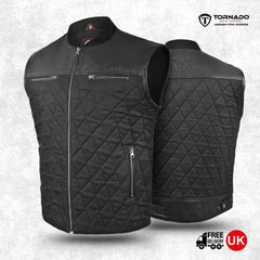 Black quilted vest with diamond pattern on a light gray background, featuring Tornado brand logo.