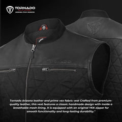 Black leather vest with quilted design and visible branding on a dark background