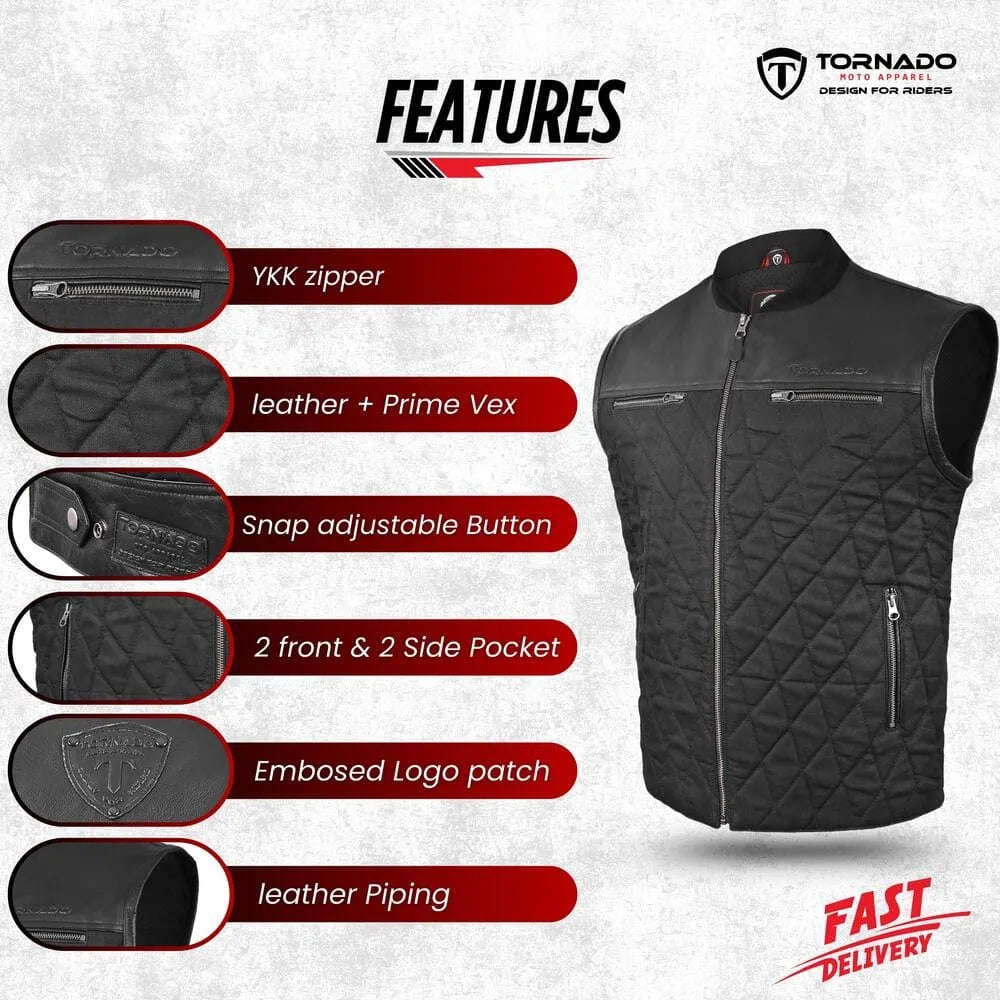 Black quilted vest with features listed on a white background, featuring the Tornado brand.