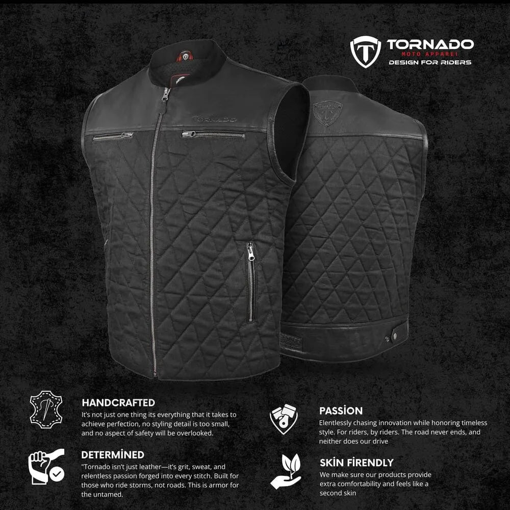Black quilted vest with Tornado branding on a dark background