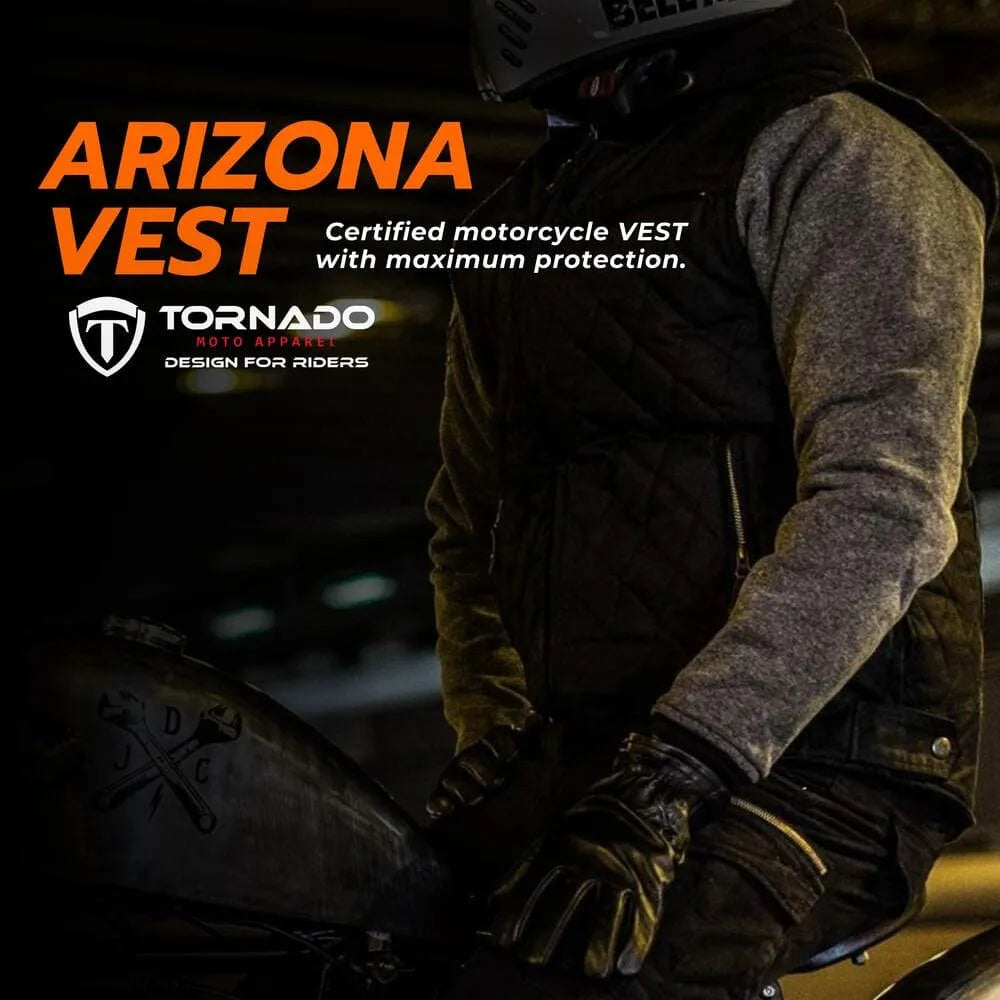 Person wearing a motorcycle vest with 'Arizona Vest' and 'Tornado' branding.