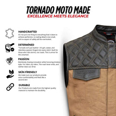Brown leather vest with quilted collar and Tornado branding, featuring brand values on a white background.