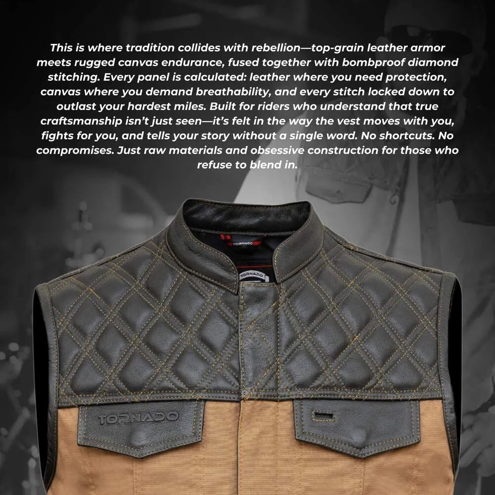 Leather and canvas armor vest with text on a dark background
