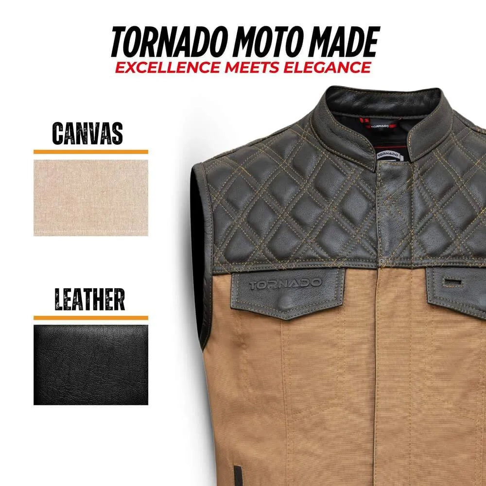 Brown and gray quilted jacket with 'Tornado Moto Made' branding, showing canvas and leather options.