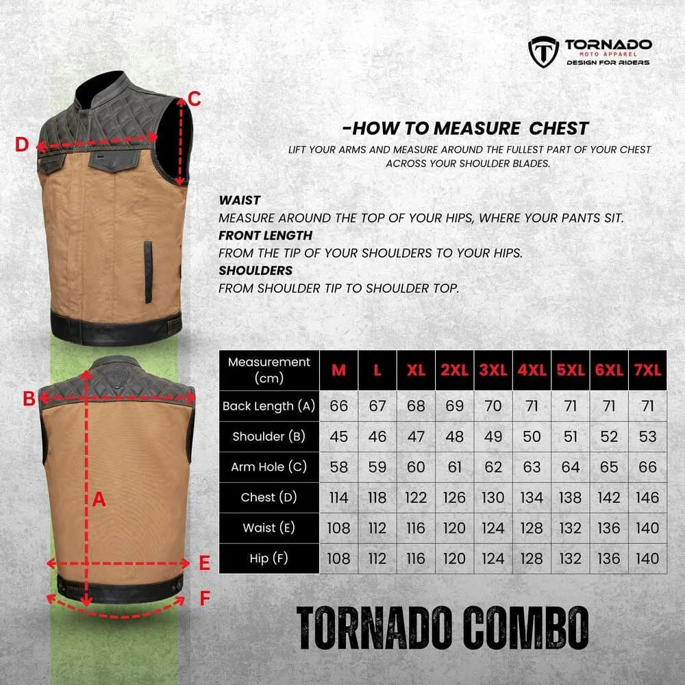 Measurement guide for a Tornado combo vest with dimensions on a gray background