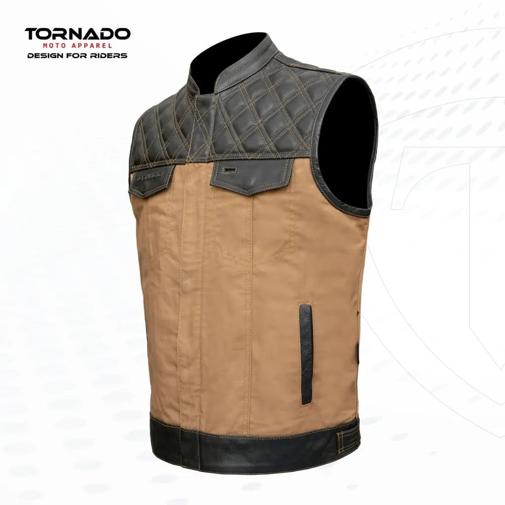Tan vest with quilted gray shoulder design on a white background, branded as Tornado Moto Apparel.