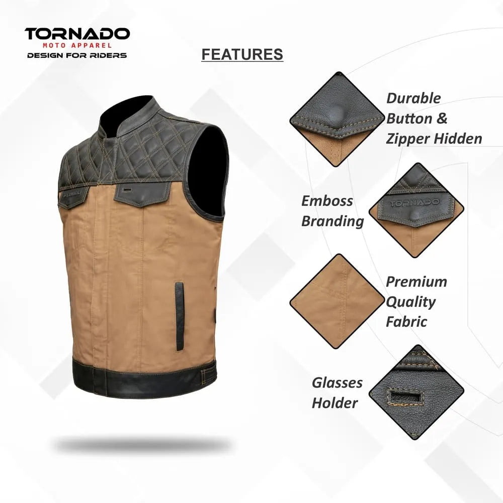 Brown and black vest with features highlighted on a white background, branded as Tornado Moto Apparel.