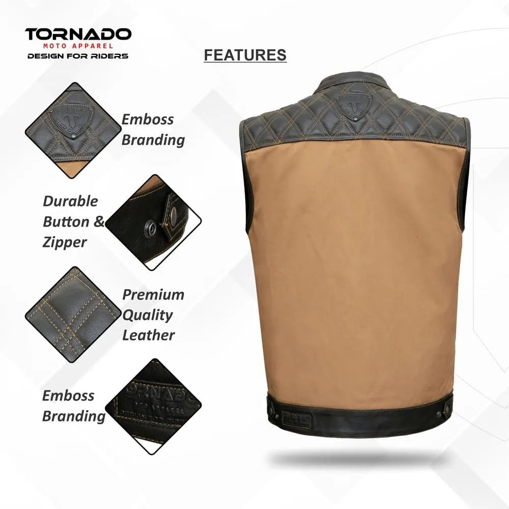 Tan vest with black leather accents and Tornado Moto Apparel branding on a white background