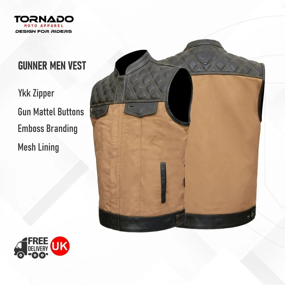 Gunner Men Vest by Tornado Moto Apparel with text detailing features on a white background.