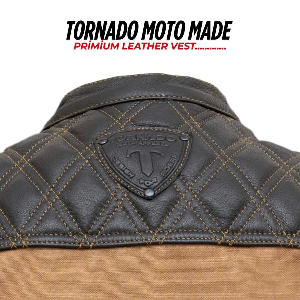 Close-up of a premium leather vest with quilted design and Tornado Moto Made branding.
