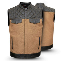 Brown quilted leather vest with black accents on a white background
