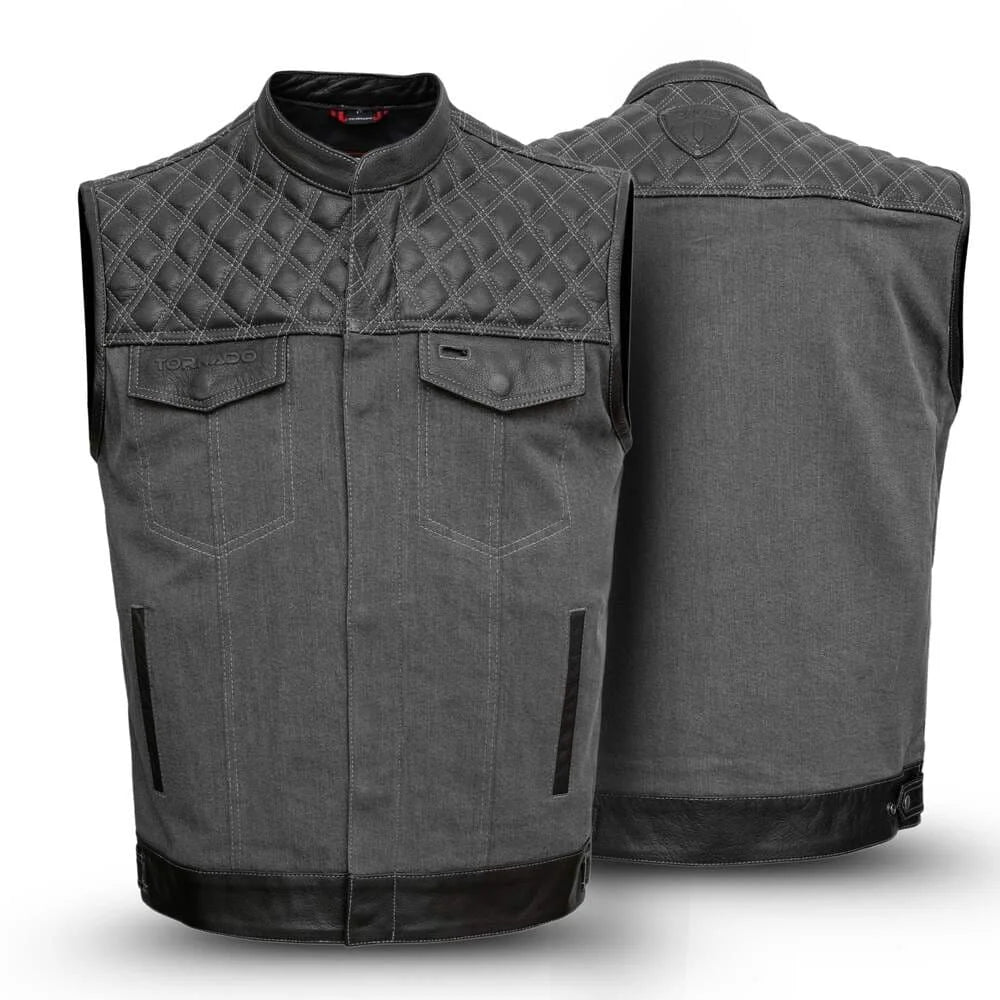 Gray quilted leather vest shown from front and back on a white background