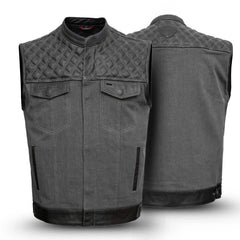 Gray quilted leather vest shown from front and back on a white background