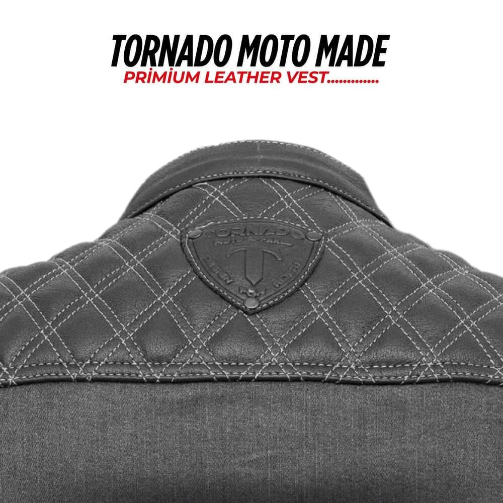 Gray leather vest with quilted pattern and brand logo on a white background