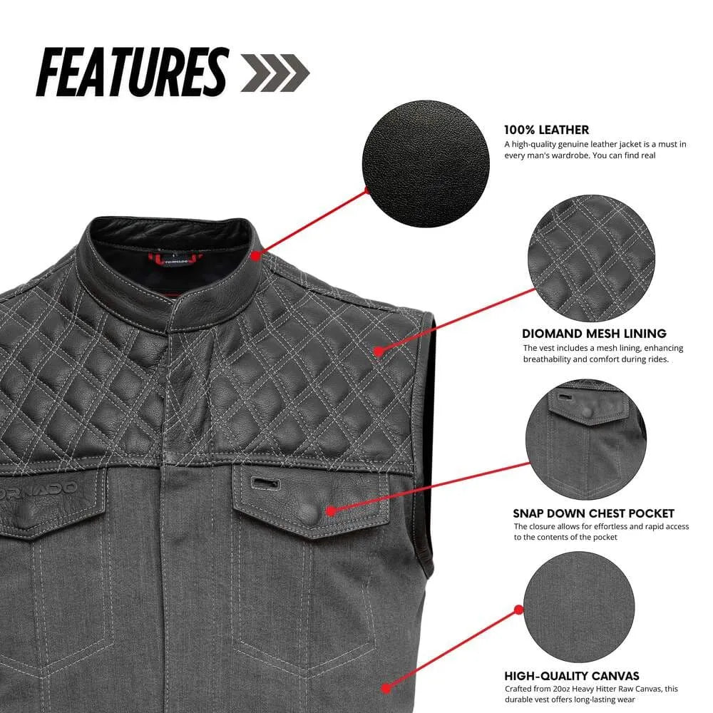 Gray vest with features highlighted on a white background