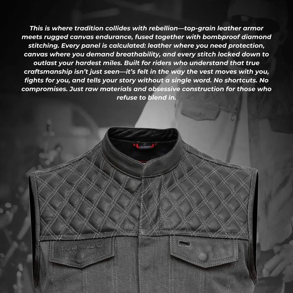 Text description of a leather and canvas vest with a blurred background