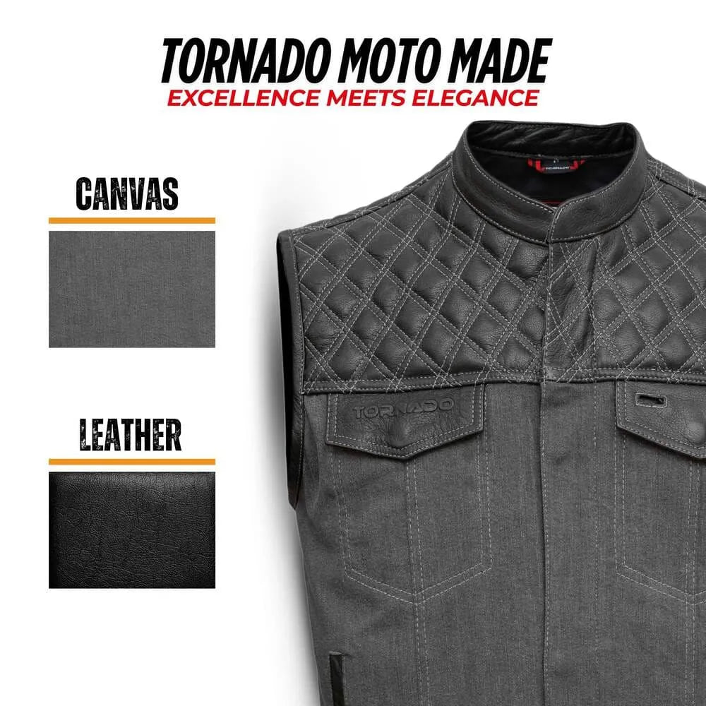 Gray quilted jacket with leather accents, featuring Tornado Moto Made branding.