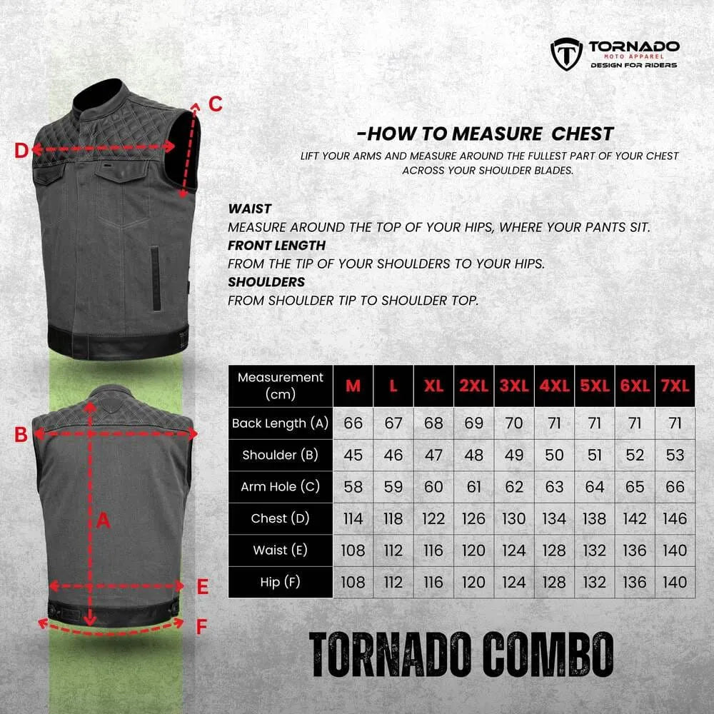 Measurement guide for a Tornado combo vest with black and gray vests displayed.