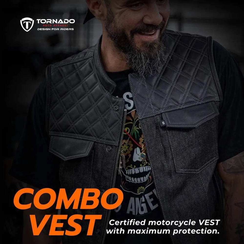 Man wearing a combo vest with Tornado branding and text about certified motorcycle protection.