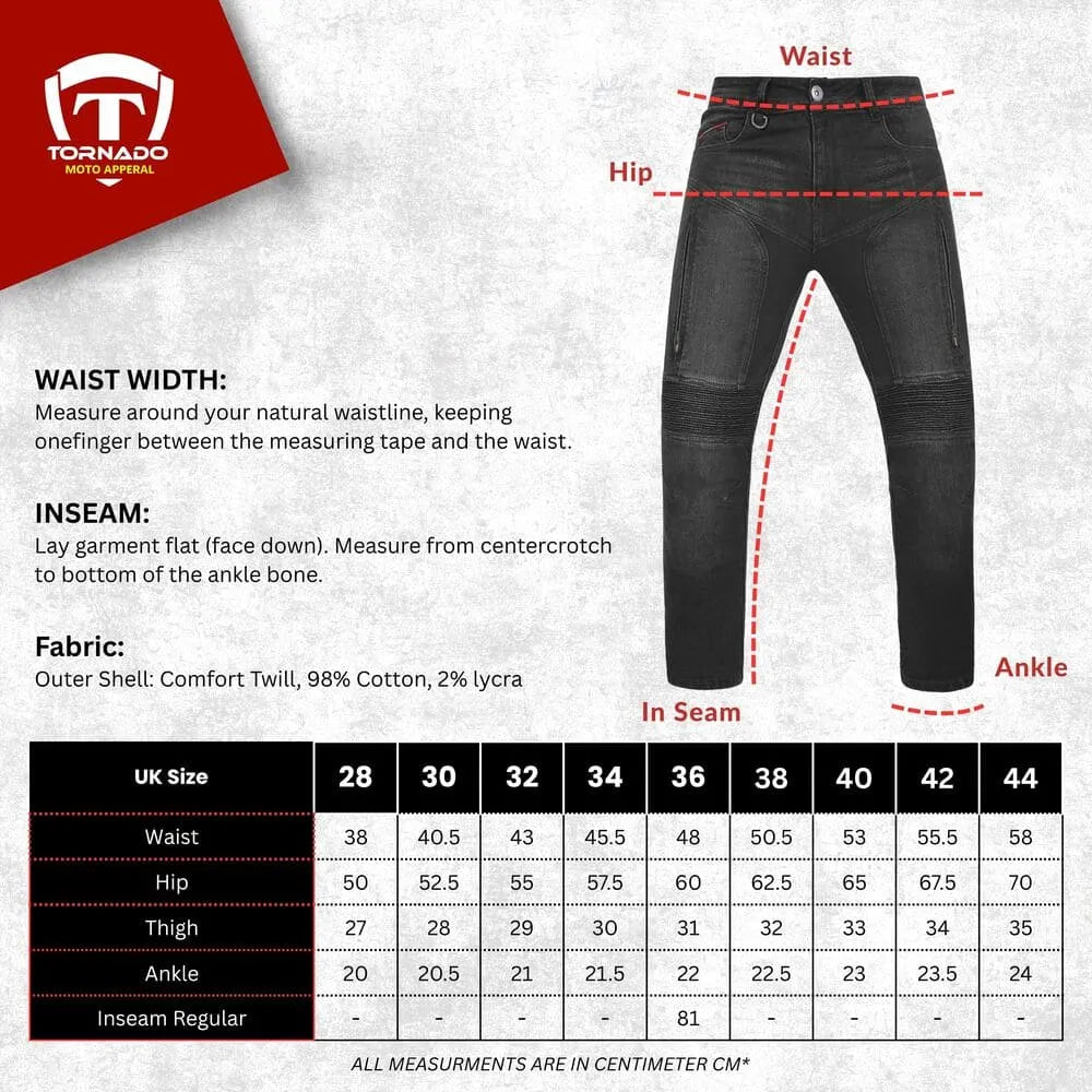 Measurement guide for black pants with Tornado logo and size chart.