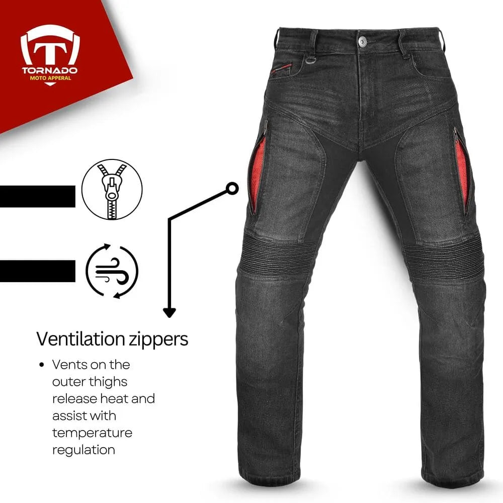 Black motorcycle jeans with red accents and Tornado logo on a white background
