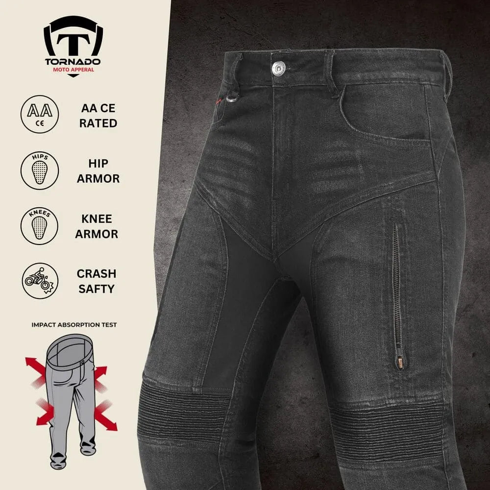 motorcycle jeans with armor features on a dark background