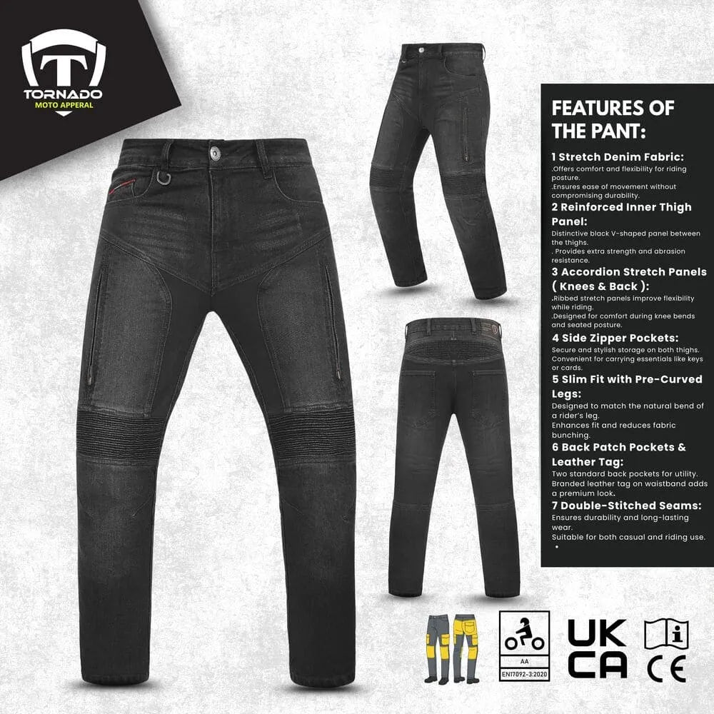 Black motorcycle pants with features listed motorcycle jeans a gray background, branded as Tornado Moto Apparel.