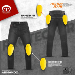 Hector motorcycle jeans with knee and hip protectors on a Tornado Motor Apparel branded background