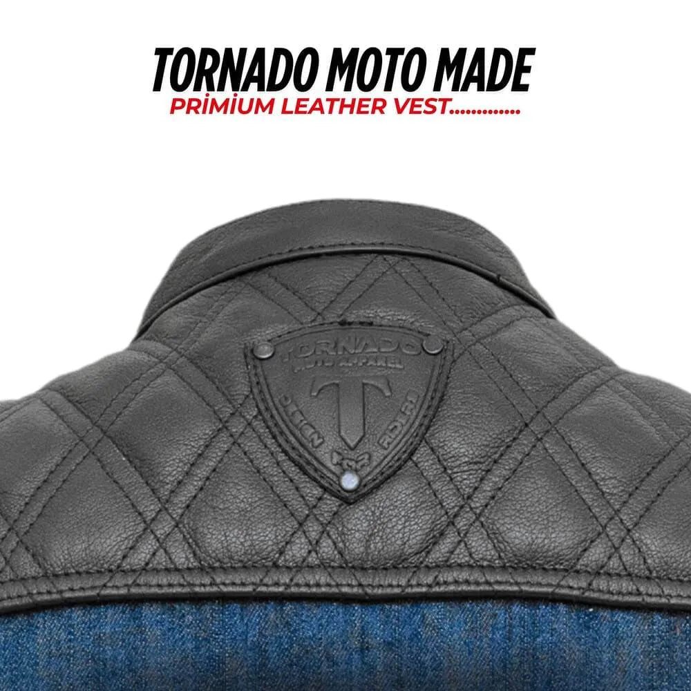 Black quilted leather vest with Tornado Moto Made logo on a white background
